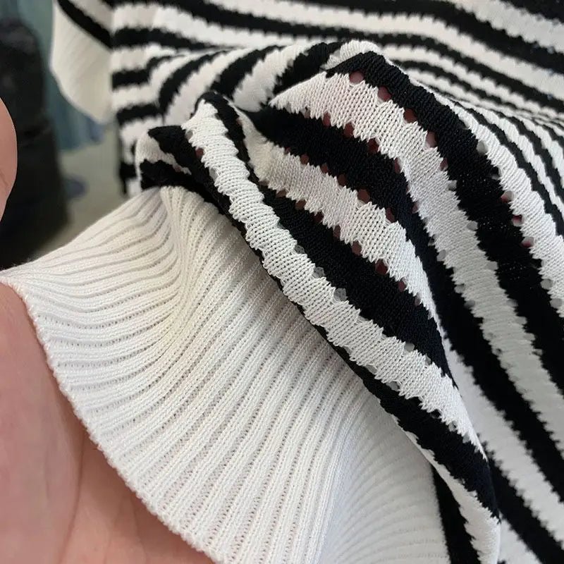 Women Short Sleeve Striped Polo Shirts Summer T-shirt Hollow Out Contrast Colors Patchwork Korean Fashion Casual Versatile Tops