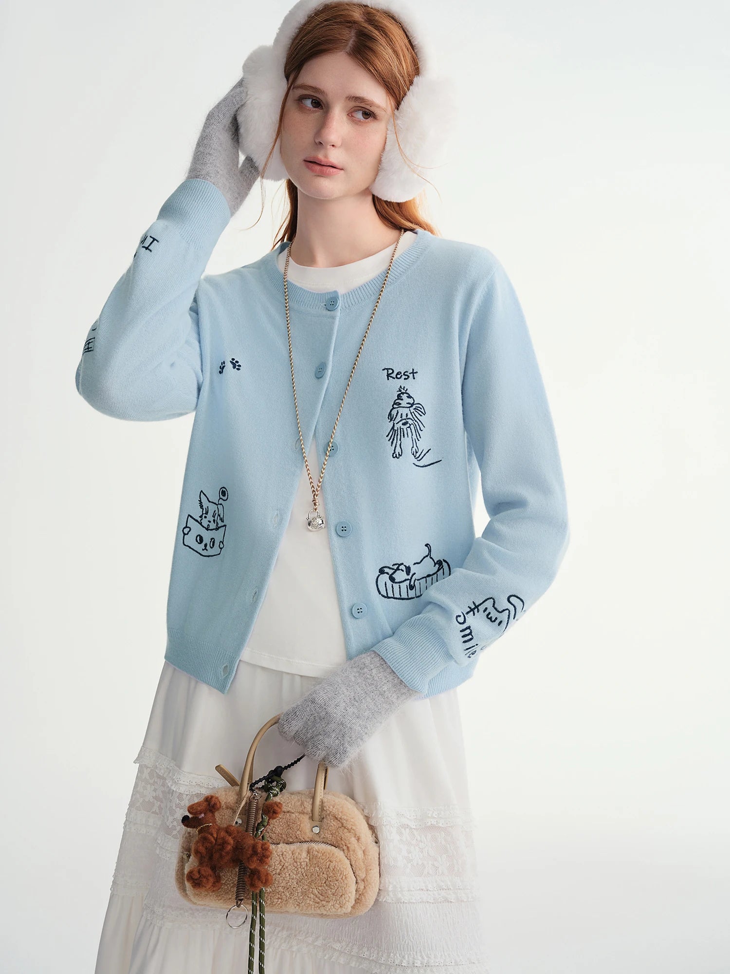 Plus-Size Women Fashion Cute Pet-Inspired Party 100% Wool Fun Embroidery Knit Cardigan 2025 Winter New Arrival Sweater