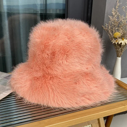 2024 Fluffy Faux Fur Bucket Hats Women Rabbit Fur Warm Thick Plush Winter Hat Lady Fashion Luxury Panama Furry Fisherman Cap Y2k