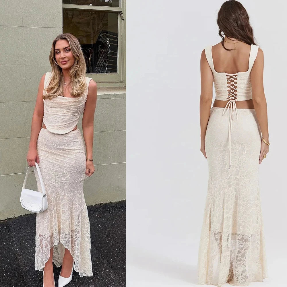 Minigmingxi 2024 New in Summer 2 Piece Dress Set Elegant and Beautiful Dresses Set Beige Long Matching Set Sexy Mermaid Skirt