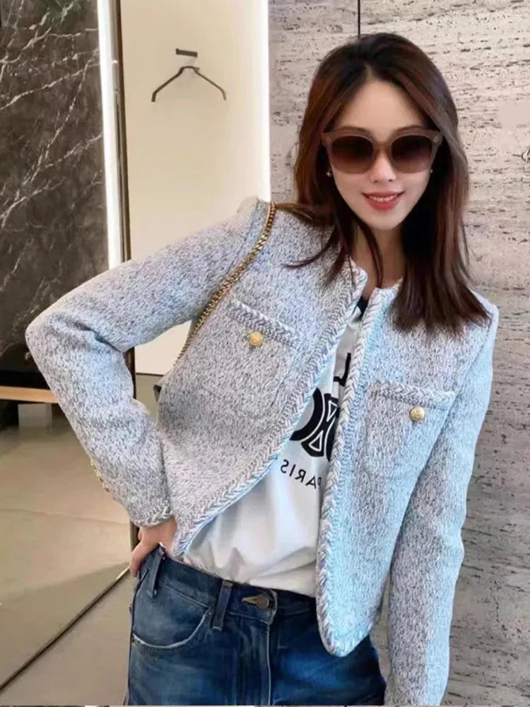 Zoki French Sweet Women Tweed Jacket Elegant Buttons Faux Wool High Quality Coat Fashion New Long Sleeve Casual Female Outwear