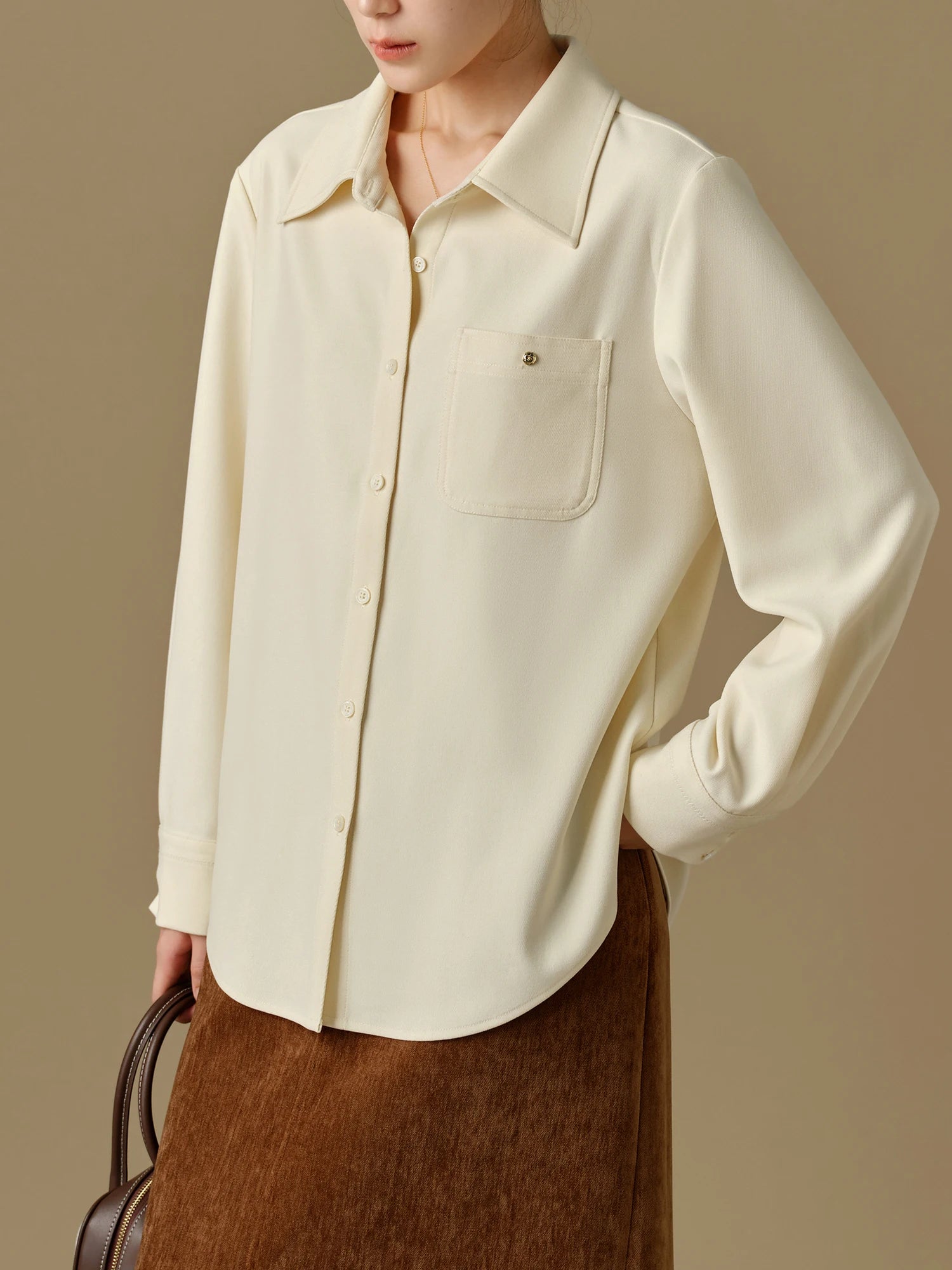 DUSHU【3 Colors】Women Winter Thicken Blouses Polo Neck Front Shoulder Long Sleeve Shirt Tops Flannel Simple Shirt Coat 24DS84451