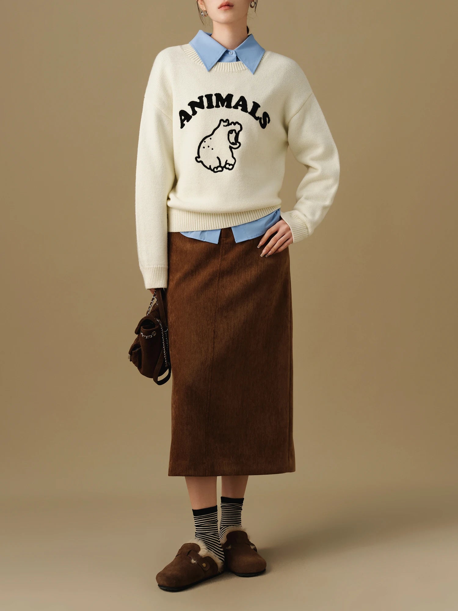 DUSHU Oversize Women's Cartoon Loose Sweater 2024 Winter Gentle Embroidery Knitted Sweater Round Neck Pullover Top 24DS84157