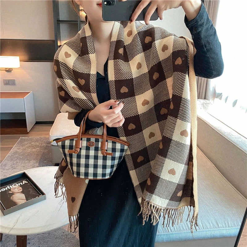 New Winter Luxury Plaid Scarf For Women Cashmere Knitted Heart-pattern Scarf Shawl Fashion Winter Thick Warm Tassel Scarves