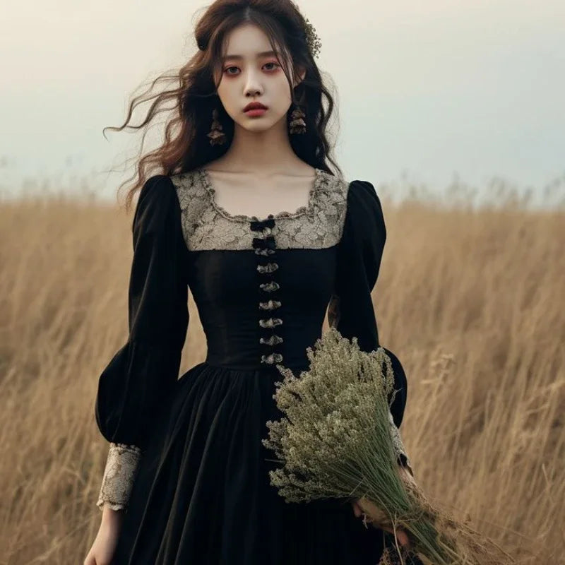 MAGOGO French Hepburn Style Black Vintage Dress Autumn Elegant Patchwork Square Collar Long Sleeve A-line Maxi Dress for Women