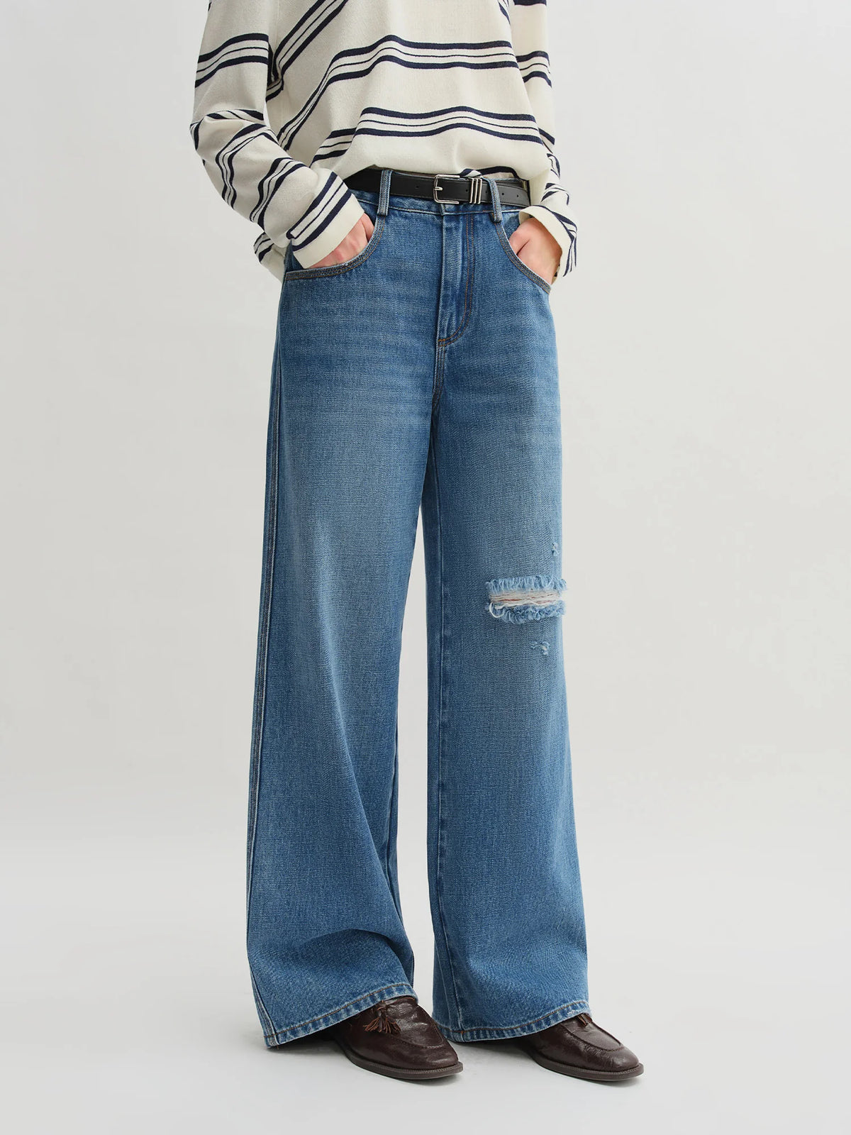 DUSHU 2025 Summer Women's Ripped Jeans - Straight Leg Non-Stretch Casual Pants High Waist Versatile Long Trousers