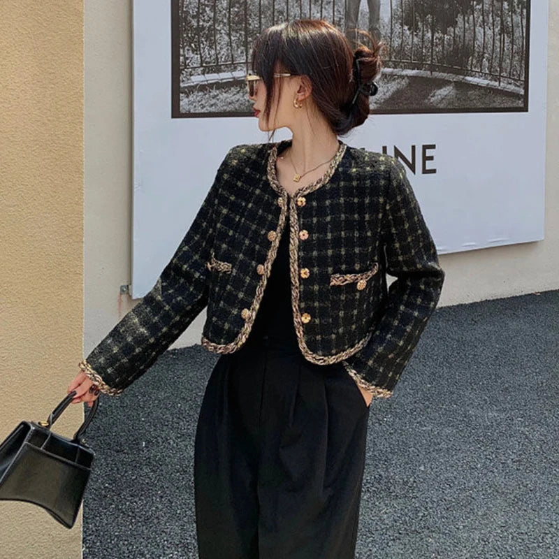 2024 Korea New Arrive Elegant Retro Plaid Short Woolen Jackets Women Autumn Ladies Long Sleeve Metal Single Breasted Tweed Coat
