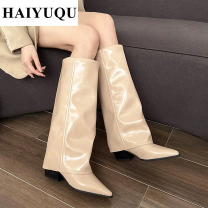 Knee High Heels Women Boots Leather Chunky Fashion Shoes Pointed Toe Snow Long Boots New Designer Pumps Punk Chelsea Botas Mujer