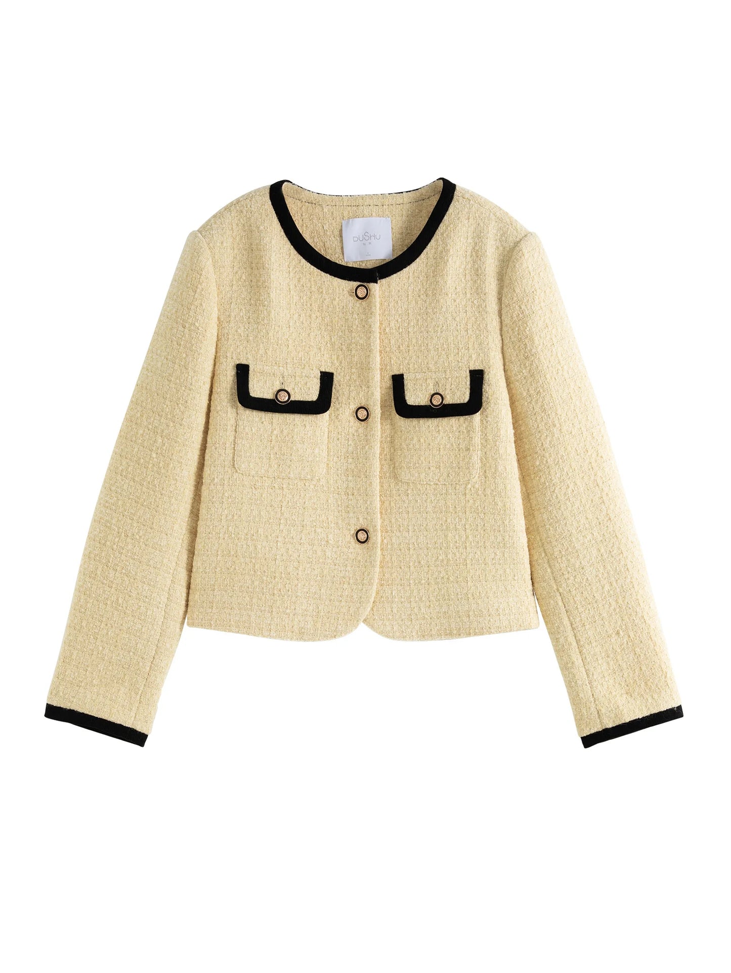 DUSHU 20.9% Wool Women Short Tweed Jacket Light Yellow Gentle Style Female Winter Thicken Single Breasted Coats 24DS84418