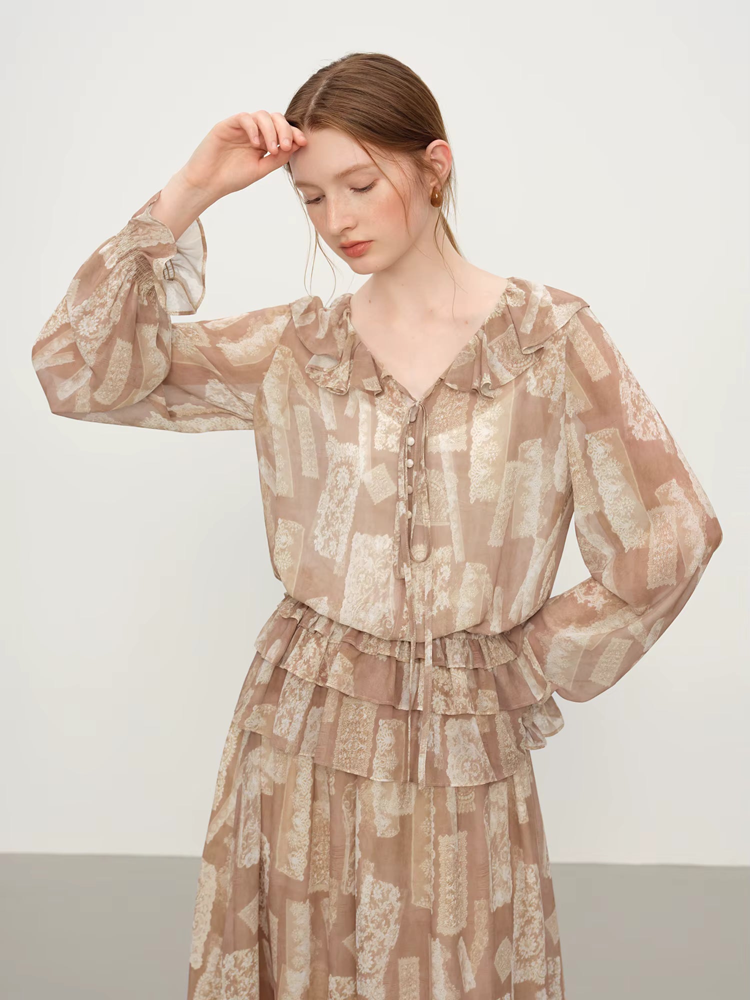 Party Dress Set Bohemian Style Elegant Ruffled Printed Long-sleeved Shirt Skirt Set for Women Winter Fairy Sundress