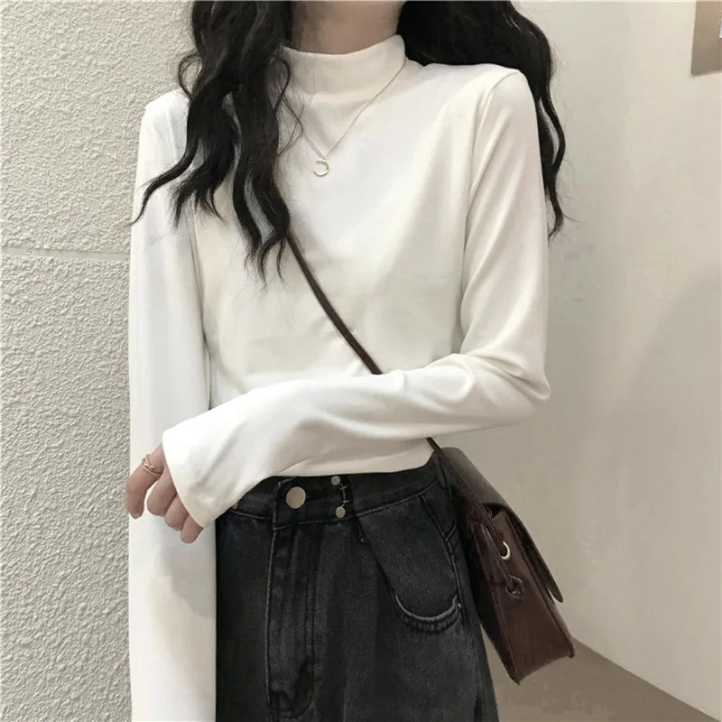 MRMT 2024 Brand New Women's Long-Sleeved T-Shirt Slimming Half Turtleneck Bottoming Shirt Simple Solid Color Inner Top
