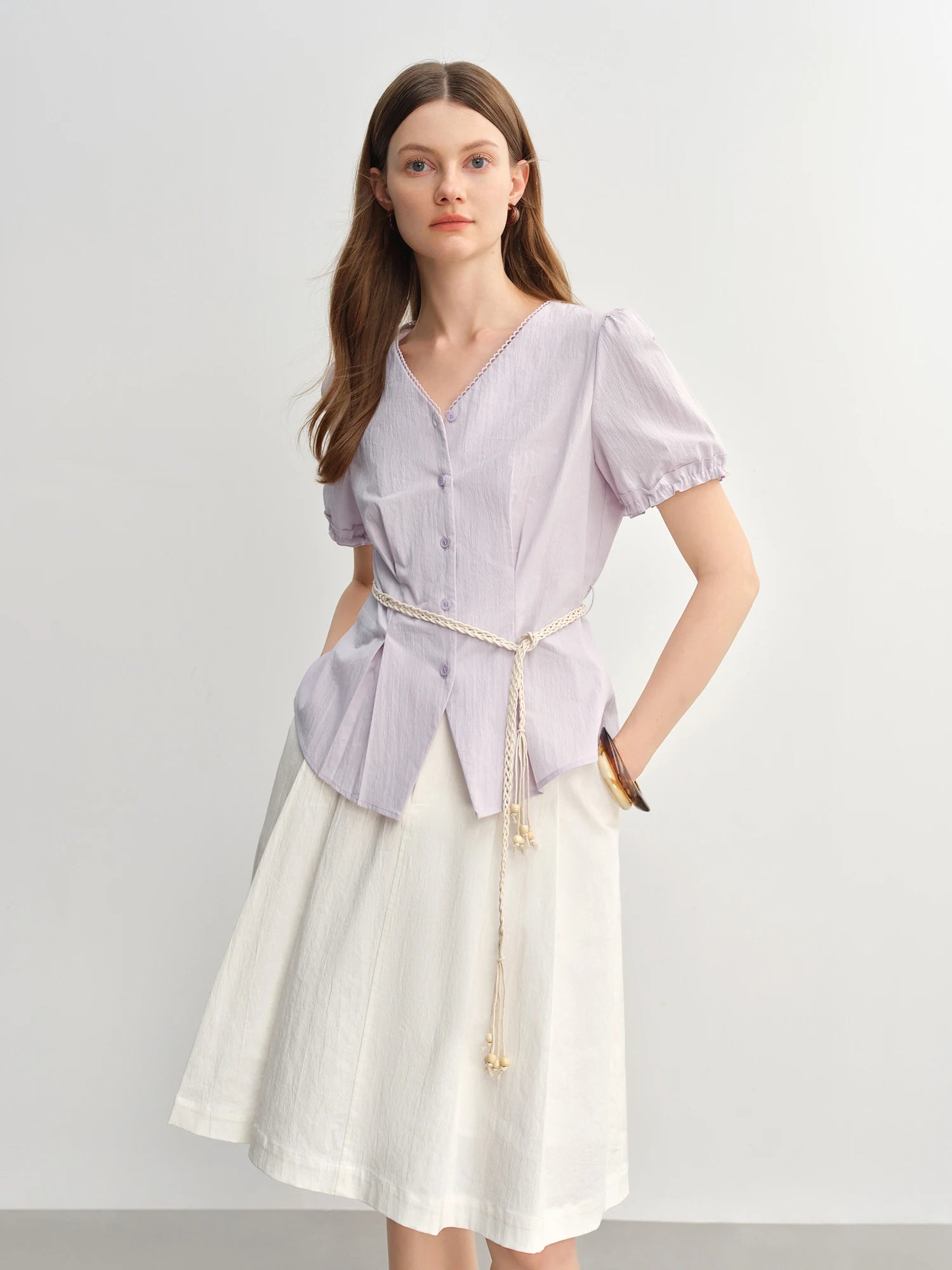 DUSHU Summer 2025 Women's V-Neck Blouse - Textured Pleats Accented Waist Relaxed Fit Resort Top