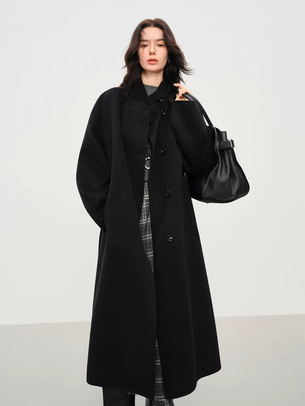2025 New Women's Elegant Stand Collar 100% Wool Double-Faced Long Coat Diamond-Shaped Tailoring Autumn Winter Outerwear