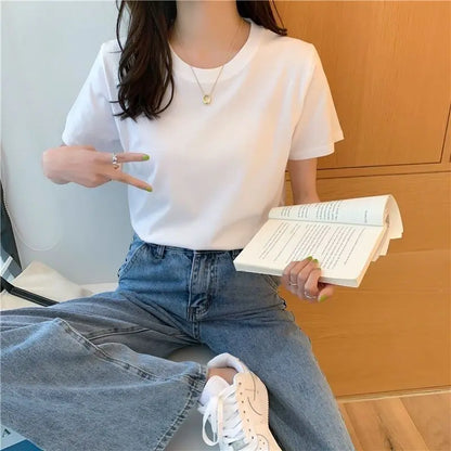 Solid Women Short Sleeve T Shirt Cotton O Neck Loose Black White Basic Thin Tops Fashion Harajuku Casual Outer Wear T-Shirts