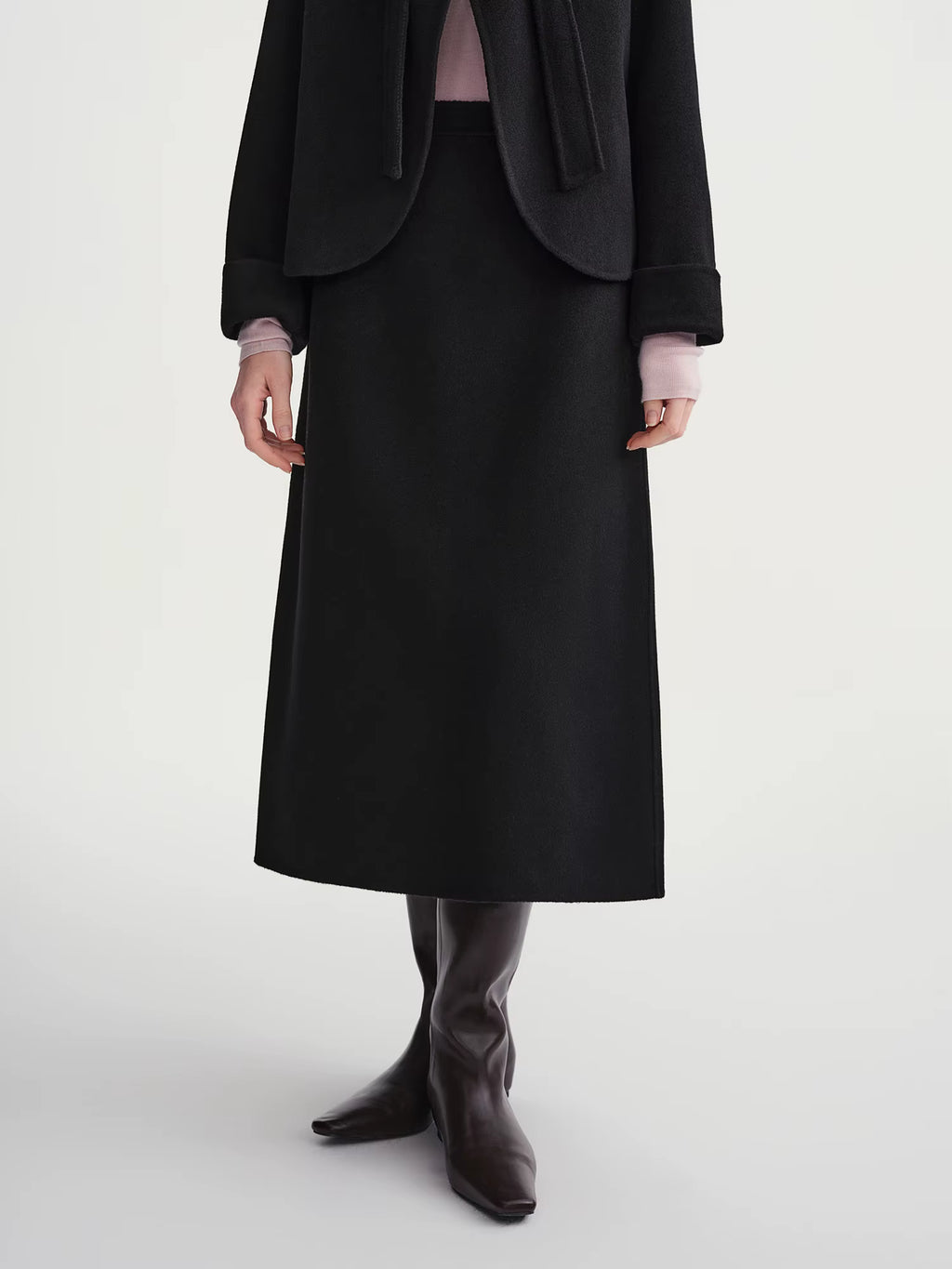 Elegant Sets Women Winter Cropped Black Coats Skirt Suit Peter Pan Collar Woolen Jacket Age-reducing Temperament French