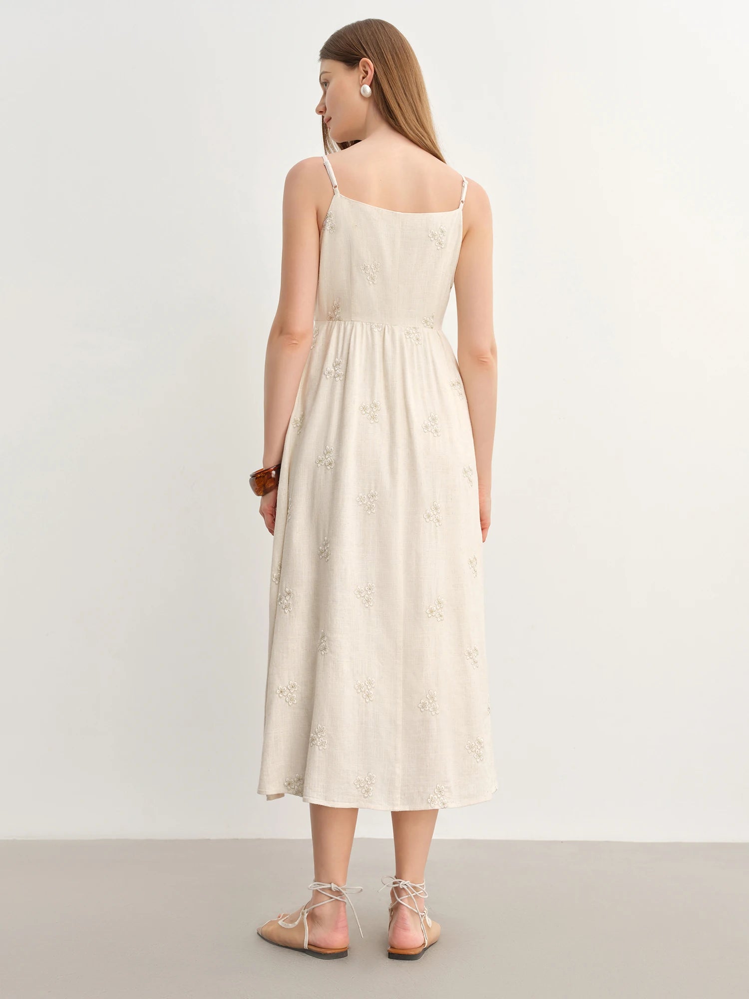 DUSHU Women's Bohemian Lace-up Strappy Long Dress 2025 Summer New Arrival Fashion Temperament Beige Dress