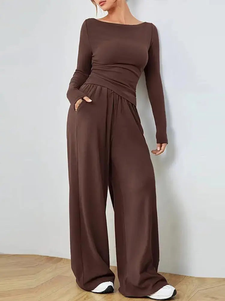 Women Two Piece Sets Pajama Set Sexy V-neck Long Sleeve Shirts Loose High Waist Wide Leg Pant Sets Lady Sleepwear Tracksuits
