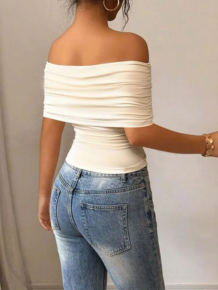 Women New T-shirt Summer Fashion Slash Neck Streetwear Casual Slim Versatile Tees Solid Sexy Off Shoulder Elegant Lady Clothing