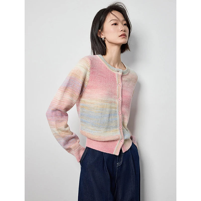 TOYOUTH Women Sweater 2024 Autumn New Rainbow Gradient Color Round Neck Single Breasted Button Cardigan Outwear Coat