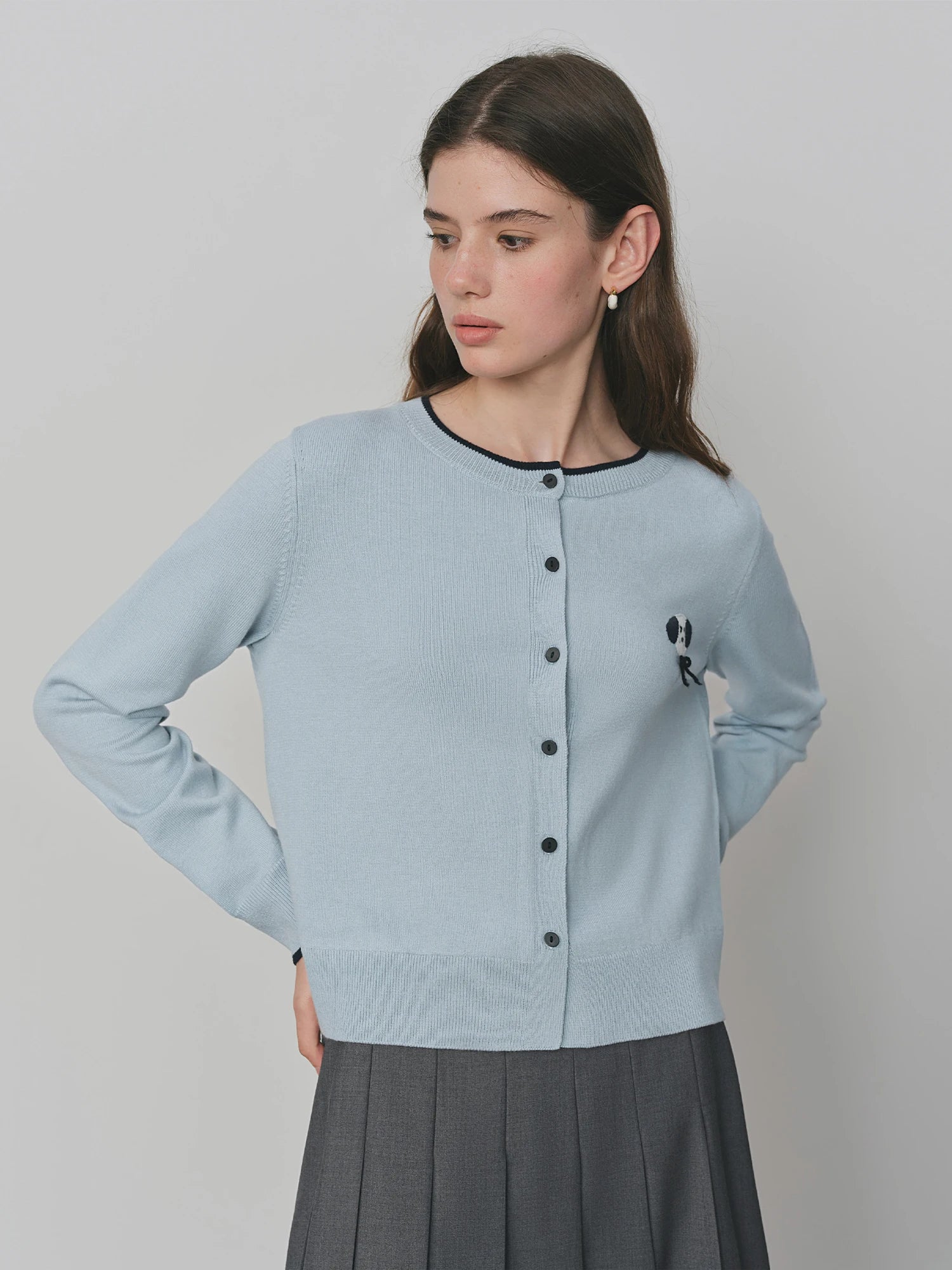 FSLE Autumn 2025 Women's Knit Cardigan - Playful Style Round Neck Dog Embroidery Loose Casual Top Sweater with Floral Accents