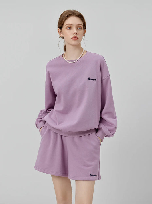 FSLE 100% Cotton Oversized Sweatshirt Shorts Sets Autumn  Round Neck Drop Sleeve Purple Pullovers Women Elastic Waist Shorts