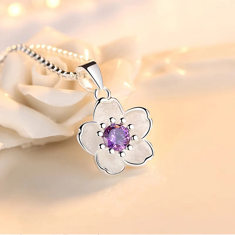 925 Sterling Silver Pink Purple Peach Blossom Necklaces For Women Luxury Quality Jewelry GaaBou Jewellery