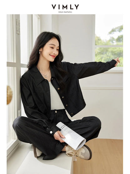 VIMLY Women's Winter New Vintage Casual Matching Set Autumn Simple New Cardigan Jacket+Wide Leg Pants Commuter Two Piece Set