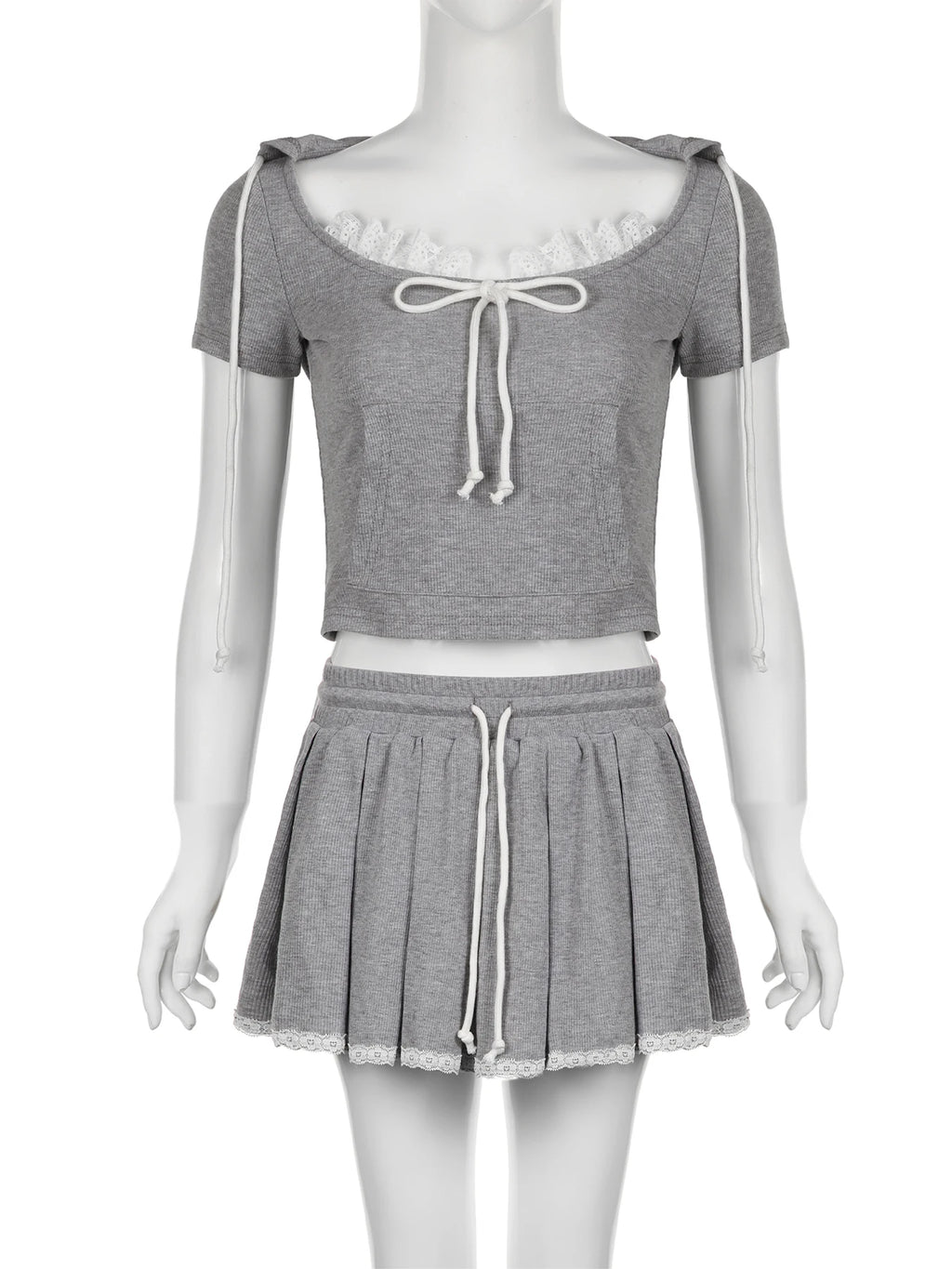 Kpop IAMSURE Casual Basic Dress Set Women Slim 2 Piece Sets Hooded Short Sleeve Cropped T Shirt Mid-Waisted A-Line Skirts Women 2024