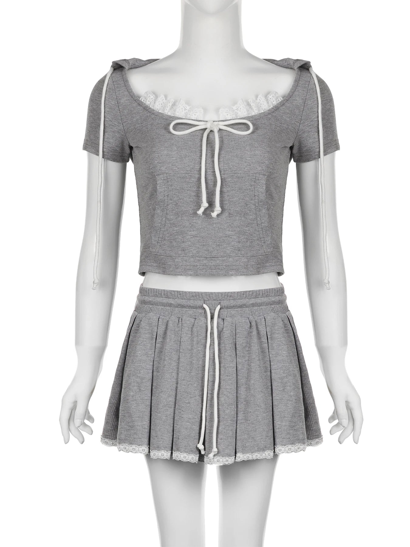 Kpop IAMSURE Casual Basic Dress Set Women Slim 2 Piece Sets Hooded Short Sleeve Cropped T Shirt Mid-Waisted A-Line Skirts Women 2024