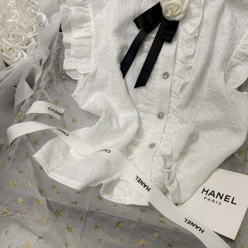 MEXZT Elegant Bow White Shirts Women Vintage Sweet Flower Ruffles Blouses Summer Korean Ladies Flying Sleeve All Match Chic Tops