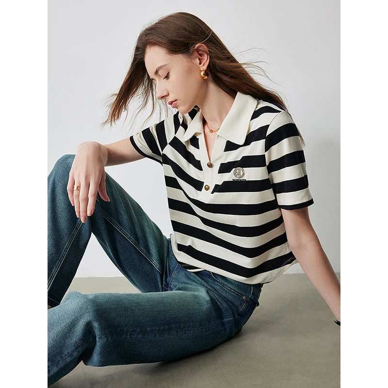 TOYOUTH Women Letter T-shirt 2024 Summer New POLO Collar Top
