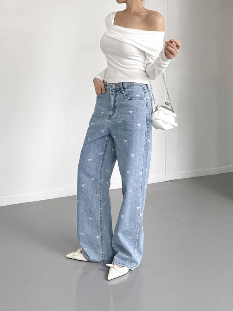 Women Light Blue Jeans Pant Korean Baggy Bow Decorated High Waisted Straight Leg Long Pant Female Casual Printed Button Trousers