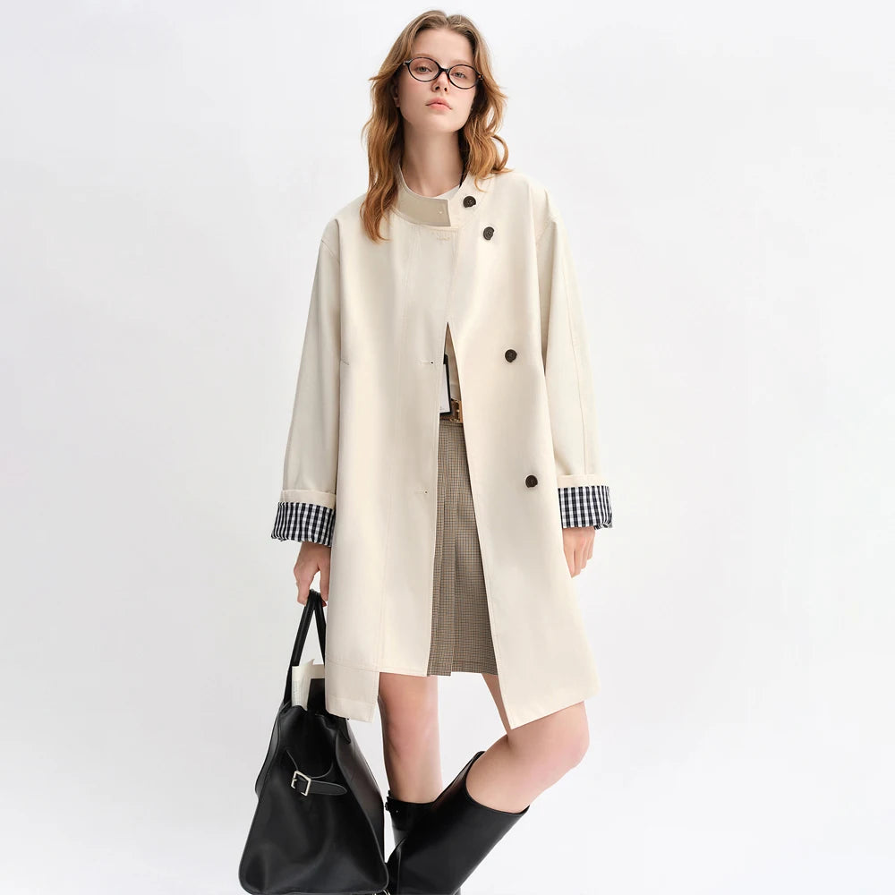 DUSHU Autumn 2025 Women's Stand Collar Trench Coat - Relaxed Fit Plaid Patchwork Loose Outerwear Casual Windbreaker Top