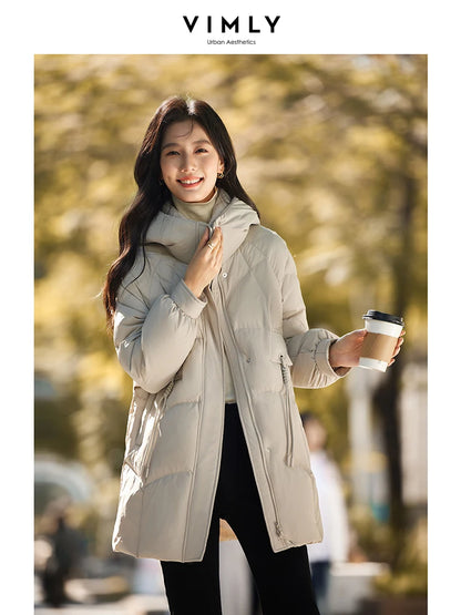 VIMLY Women's Casual Warm Stand Neck Down Jacket Winter New White Duck Down Loose Thick Commuter Outercoat Simple Long Coat50718