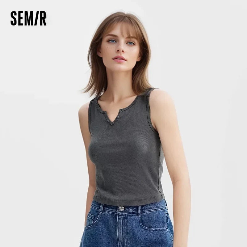 Semir Vest Female Short Knitted Inside Ride High Ladies 2024 Summer New Tight Solid-Coloured Blouse Hundred Temperament