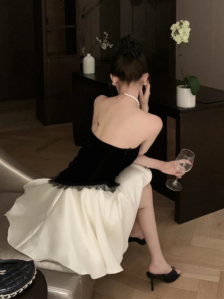 REDDACHiC Pearl Halter Mini Evening Dress Women Satin Stitch Lace Trim Ruffle Puffy Princess Dress Birthday Party Formal Clothes