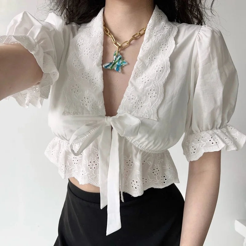 HOUZHOU Ruffle White Shirt Women Crop Top Sexy Hollow Out Elegant Puff Sleeve V-neck Bow Lace-up Blouses Summer Cute Short Shirt