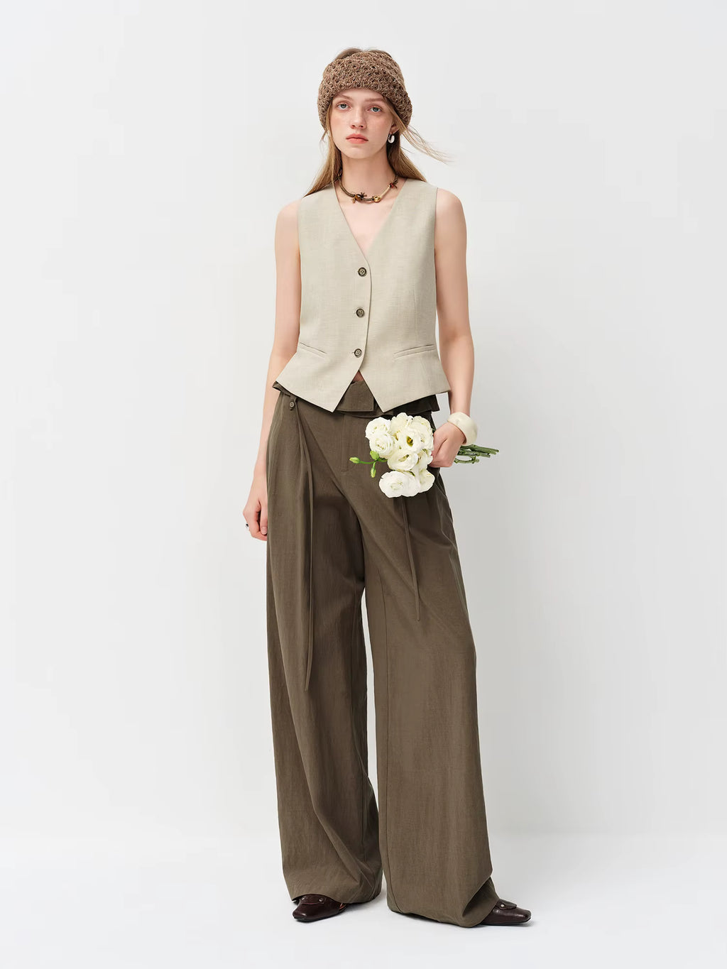 Lace Hem High-Waisted Wide-Leg Tros Commuting Casual Essentials Women Spring 2025 New Arrival Casual Pants Cotton Contain