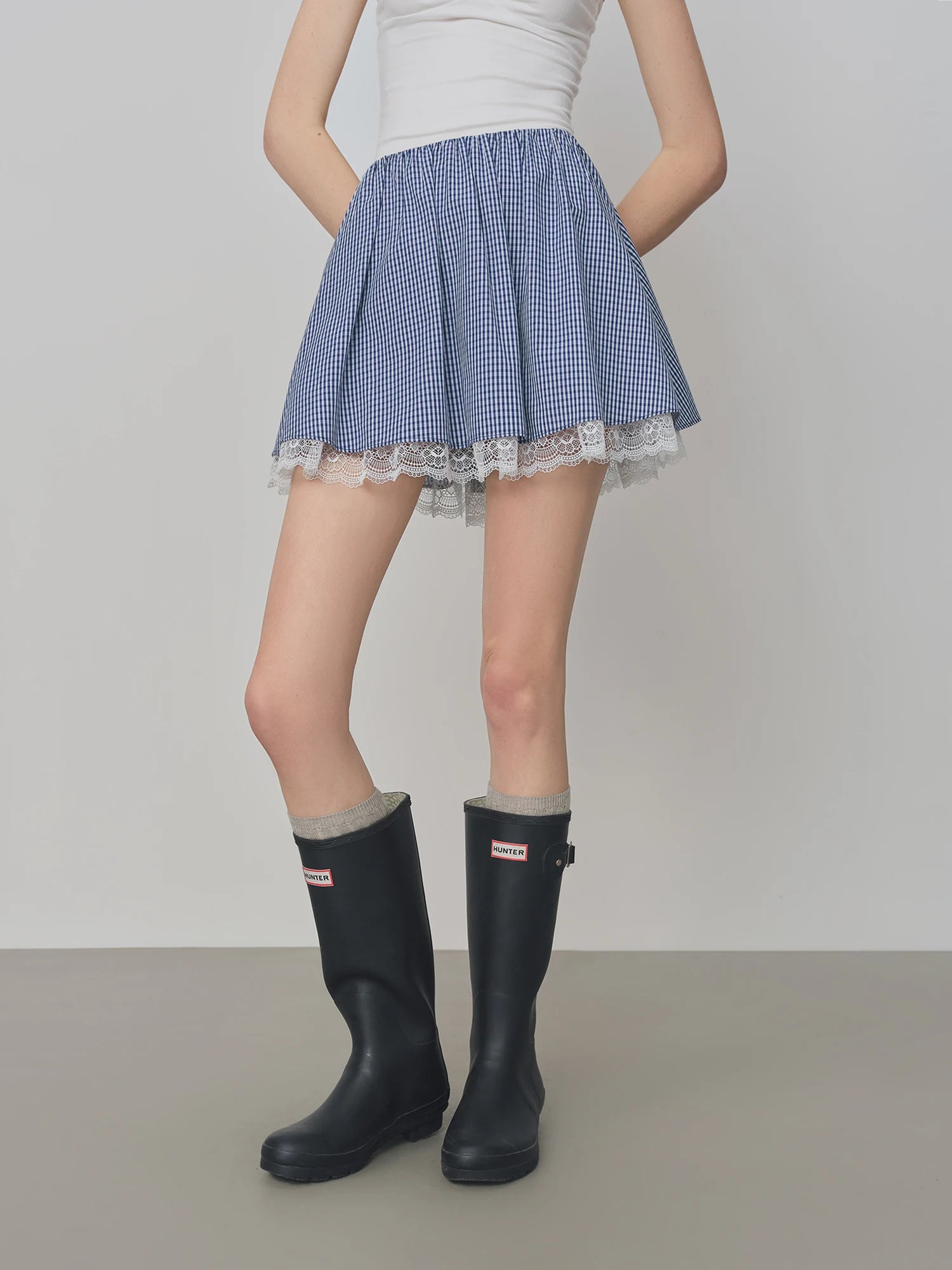 FSLE Blue Plaid Shirt Skirt Set For Women 2025 Autumn New Arrival Long-sleeved Lace Chic Blouse Y2K Skirt