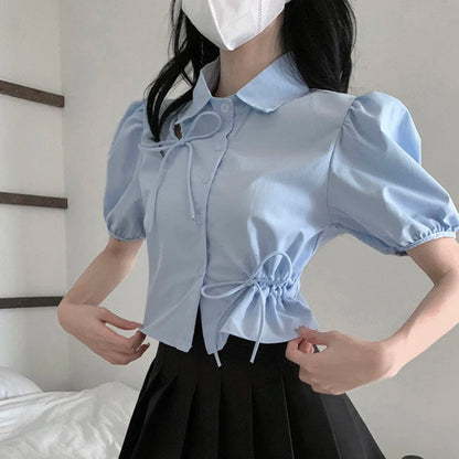 GIDYQ Elegant Women Bow Shirt Korean Fashion Design Chic Tops Y2K Casual Female All Match Puff Sleeve Shirt Summer New