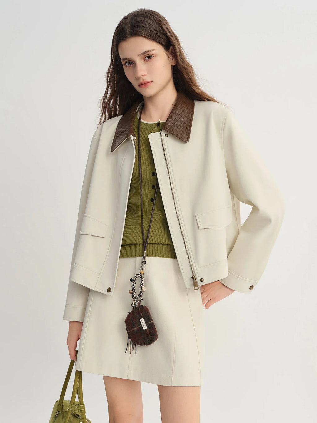 DUSHU Contrast Color Woven Leather Collar Jacket Women 2025 Autumn Drop Shoulder Short Coat Cleanfit Streetwear Leisure