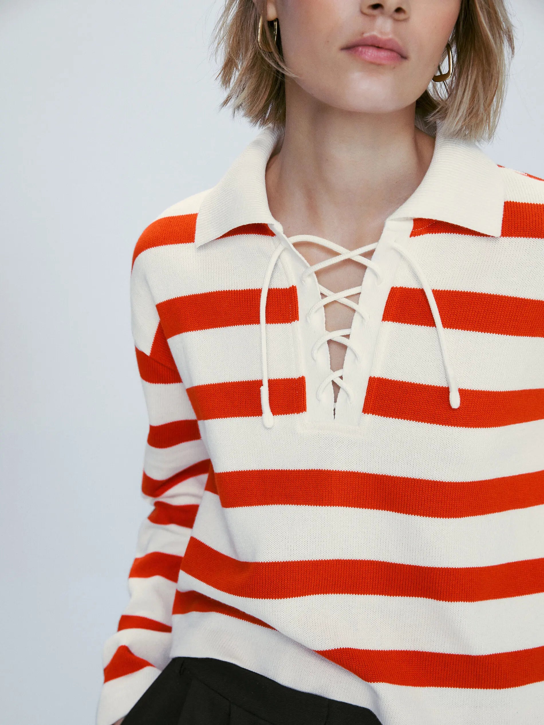 Ethereal MD 2024  new style of Women's casual Slim temperament lace-up design all matching Polo stripe knitwear