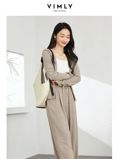 VIMLY Women's Simple Sporty Pant Sets Autumn Hooded Top Thin Jacket+Wide Leg Pants Office Lady Tracksuit 2Pcs Set Casual Clothes