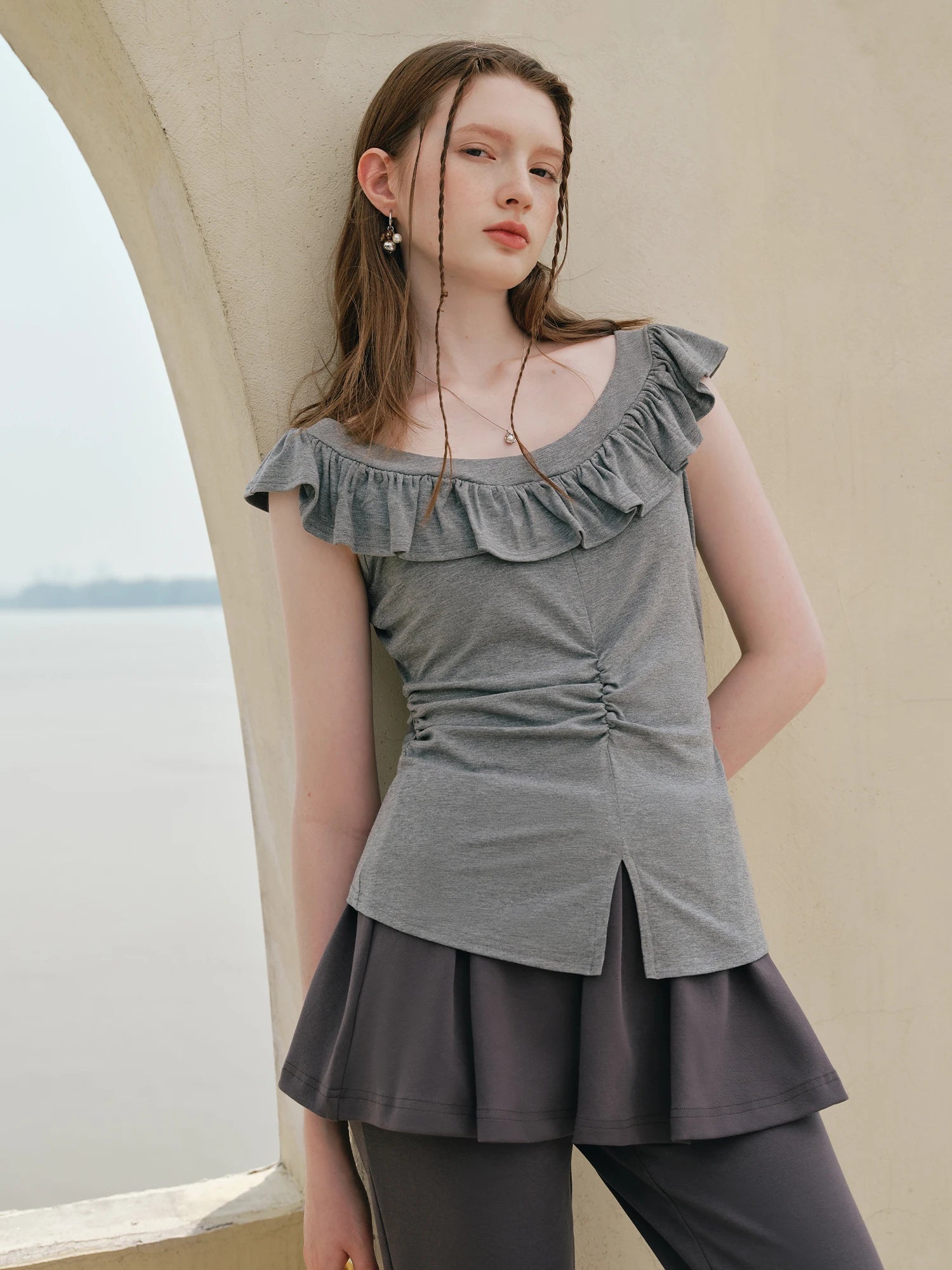 FSLE French Style Ruffled Small Flying Sleeve T-shirt for Women 2025 Summer New Waist Pleated Short Sleeves