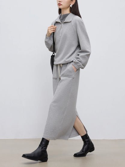 ZIQIAO Women Sweatshirt Sets Thick Grey Zipper Placket Sweatshirts Sport Style Long Trouser Skirt 24ZQ94183+24ZQ94358+24ZQ94184