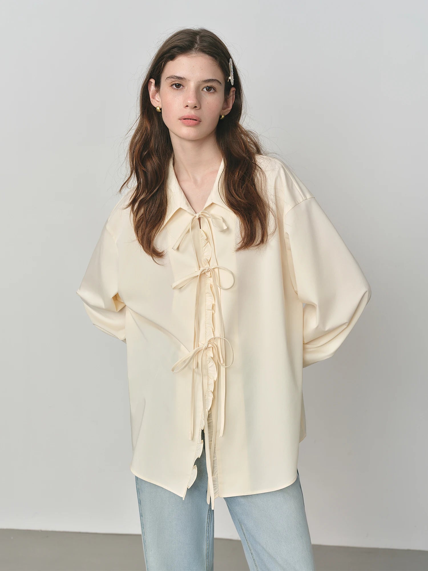 FSLE Autumn 2025 Women's French Inspired Blouse - Ruffle Trim Tie Front Loose Fit Shirt Collar Top Soft Blend Daily Wear