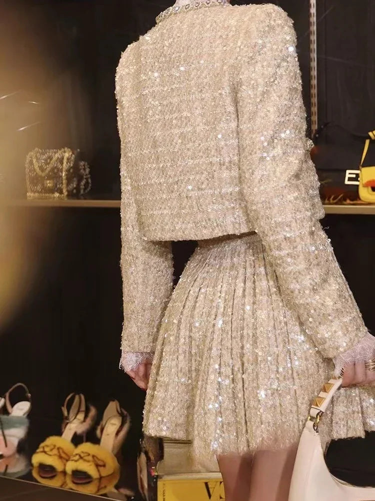 Autumn Winter Beading Tweed Pearls Short Jacket Coat + Mini Pleated Skirt Suit Two Piece Sets Womens Outifits