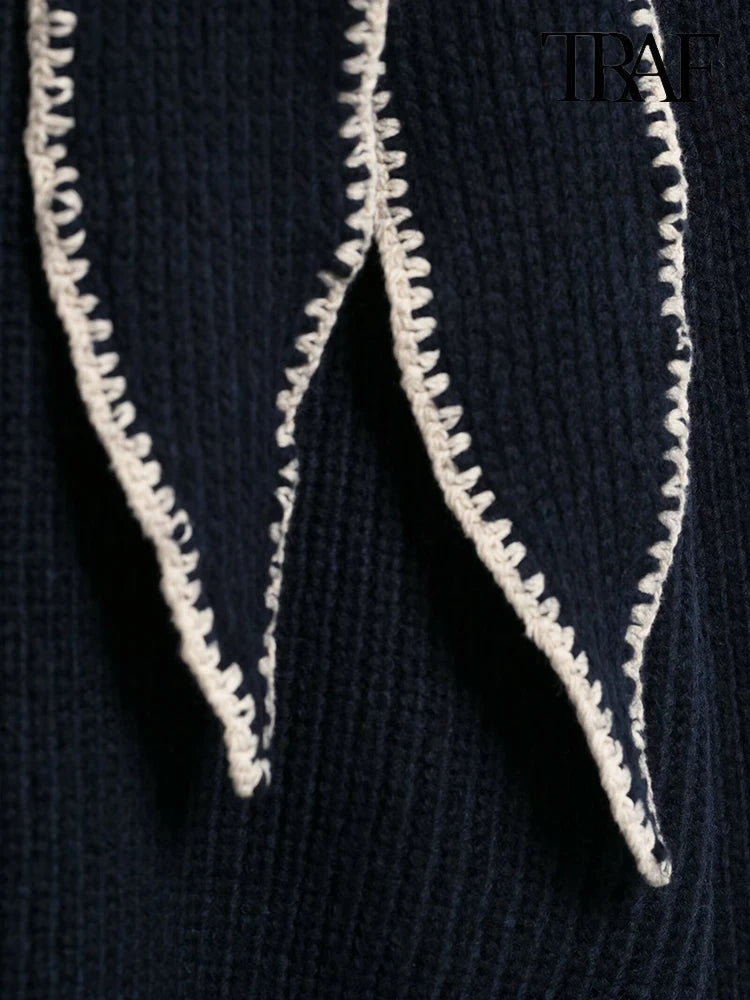 TRAF Women's Fashion Simple Solid Color Bow Embellished Knit Sweater 2024 Autumn and Winter New Vintage High Street Sweater