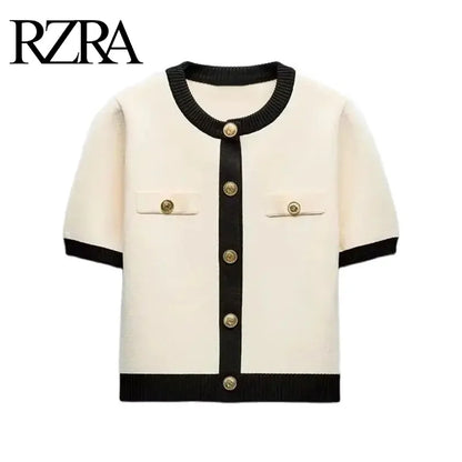 RZRA Women's 2024 Summer New Ruili Sweet Contrast Color Round Neck Short Sleeve Knitted Cardigan 1822/006