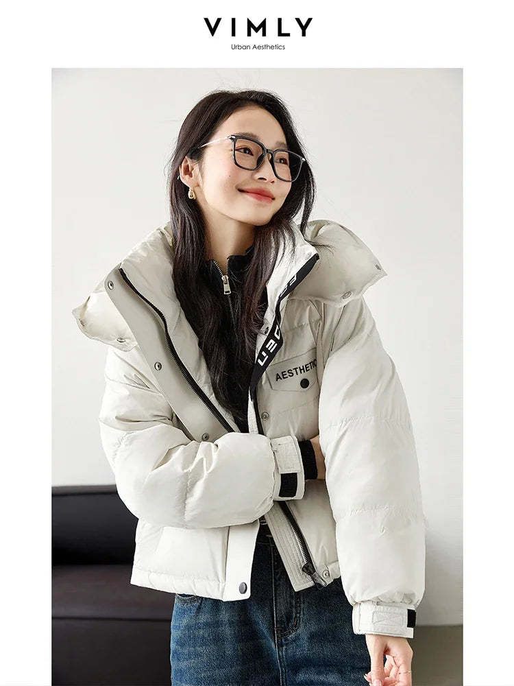 VIMLY Women's Office Lady Short Down Jacket Winter New 90% White Duck Down Hooded Warm Jacket Coat Simple Casual Outercoat50807